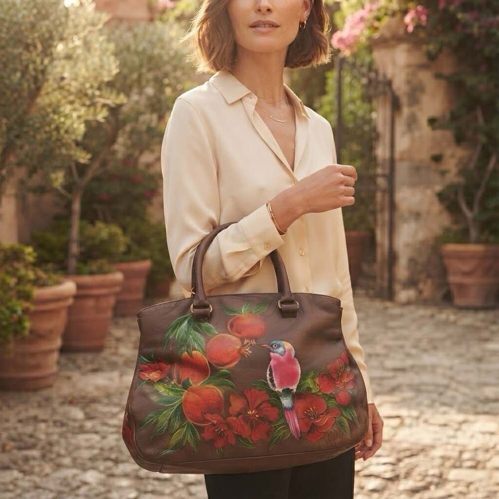 Womens Brown Painted Leather Satchel Bag Flower Bird Pomegranate Tropical Purse